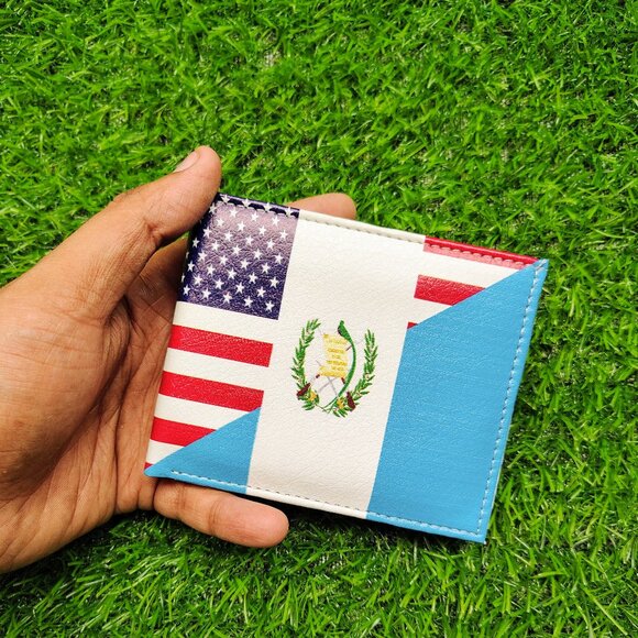 Men Bifold Leather Guatemala/USA Flag Printed Wallet - Picture 1 of 6